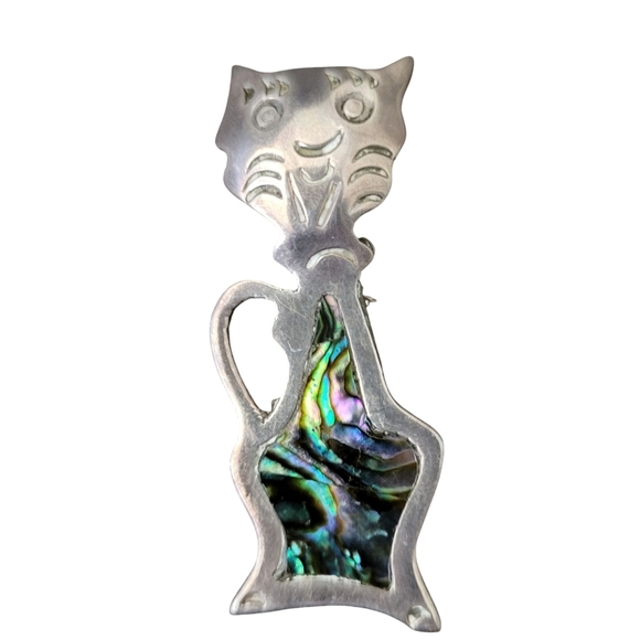 Sterling Silver Abalone Happy Cat Pin Brooch Sitting Retro Mexico - Picture 1 of 4